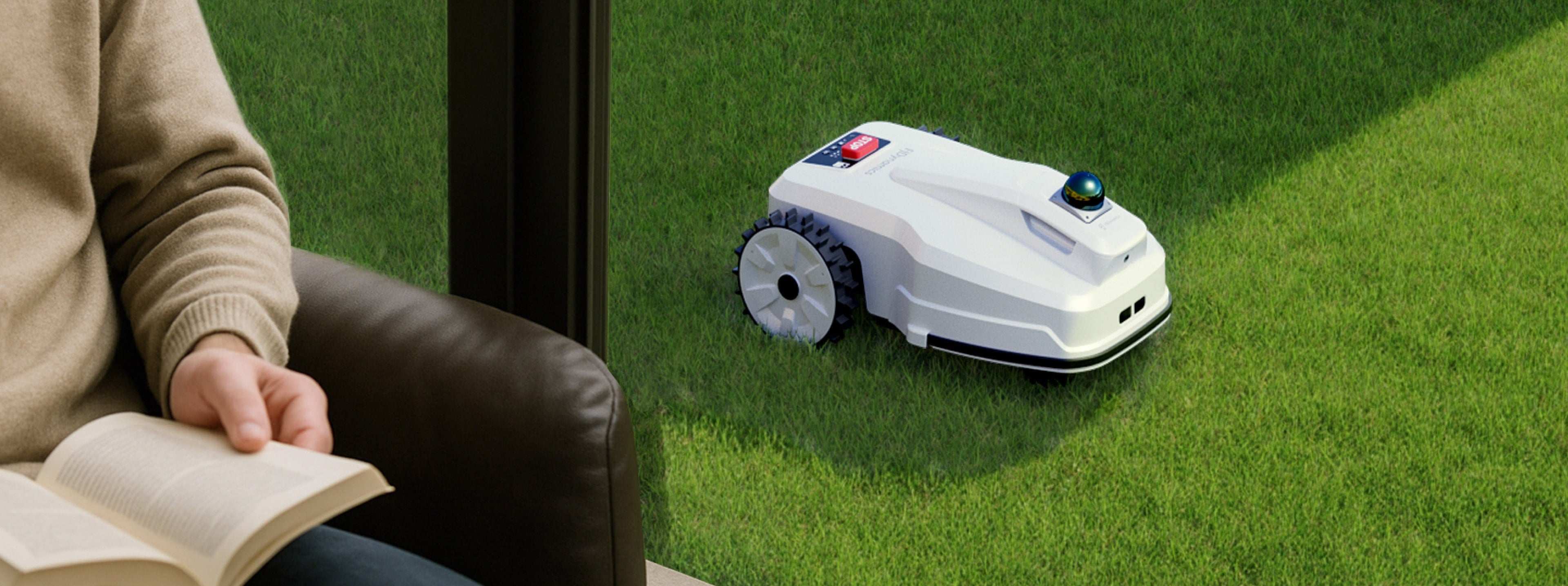 "Robot lawn mower on a green lawn."